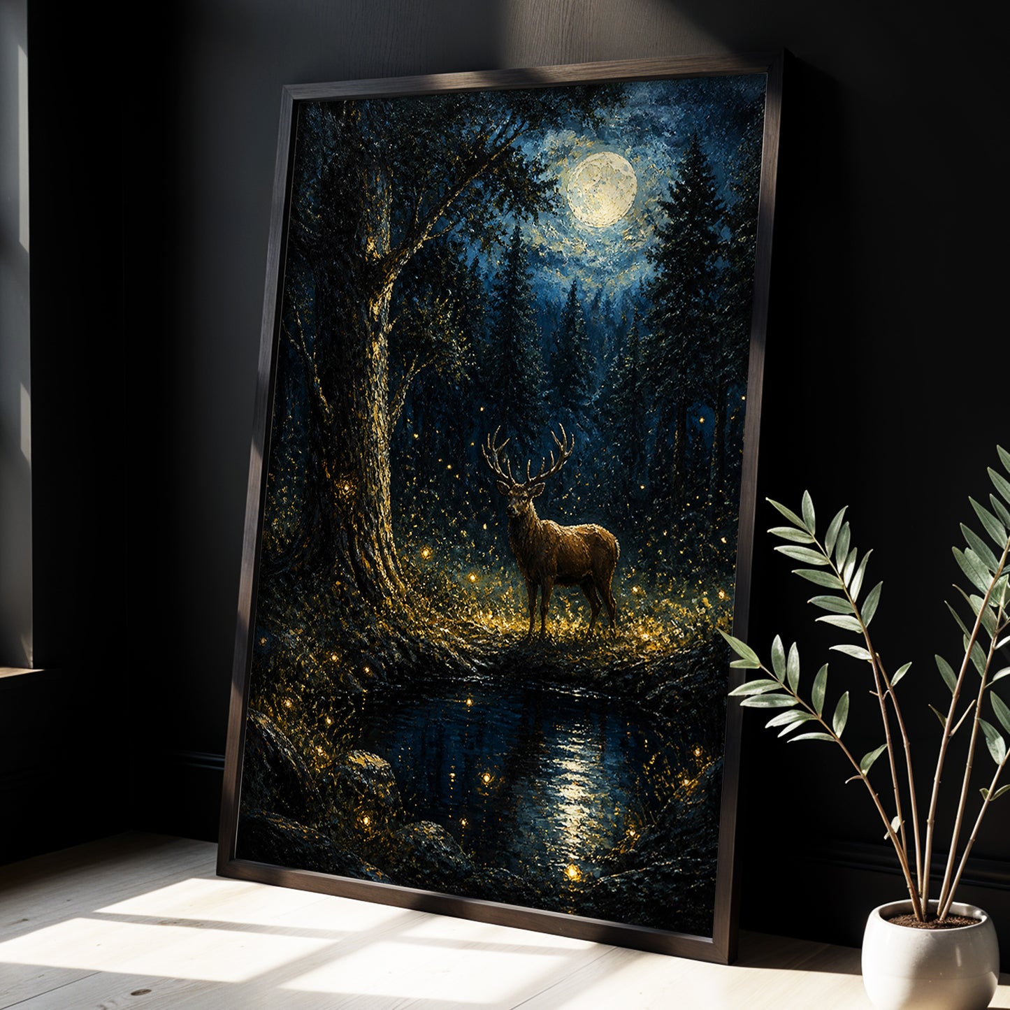 Moonlit Stag, black, blue, gold nature wall art displayed in a styled interior, gallery view 2