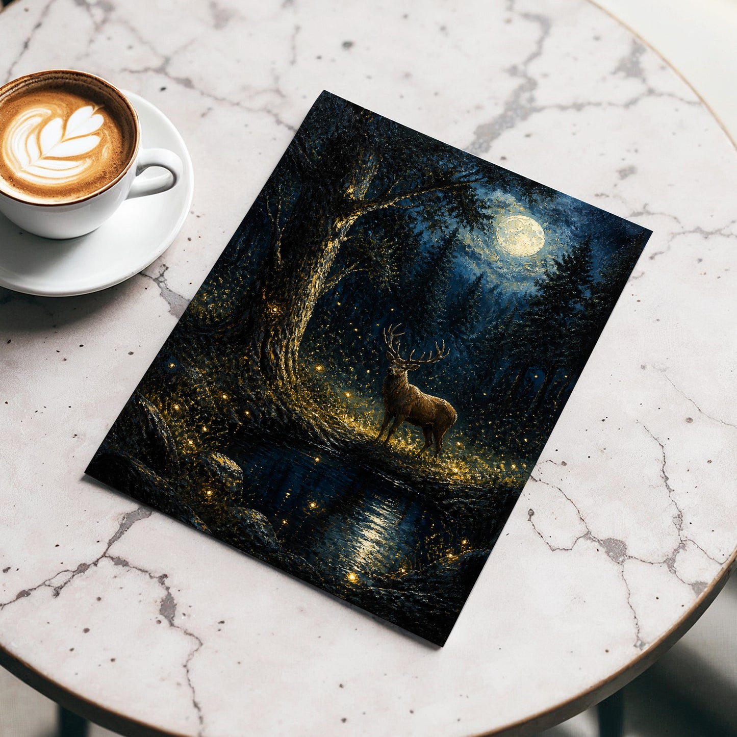 Moonlit Stag, black, blue, gold nature wall art displayed in a styled interior, gallery view 3