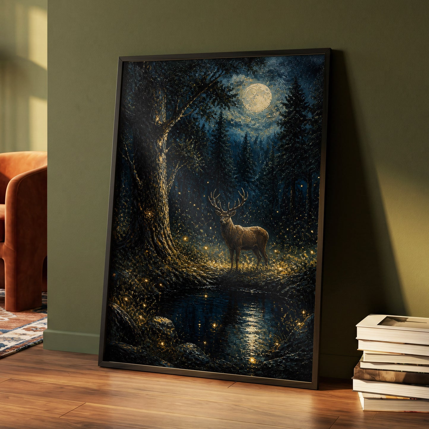 Moonlit Stag, black, blue, gold nature wall art displayed in a styled interior, gallery view 4