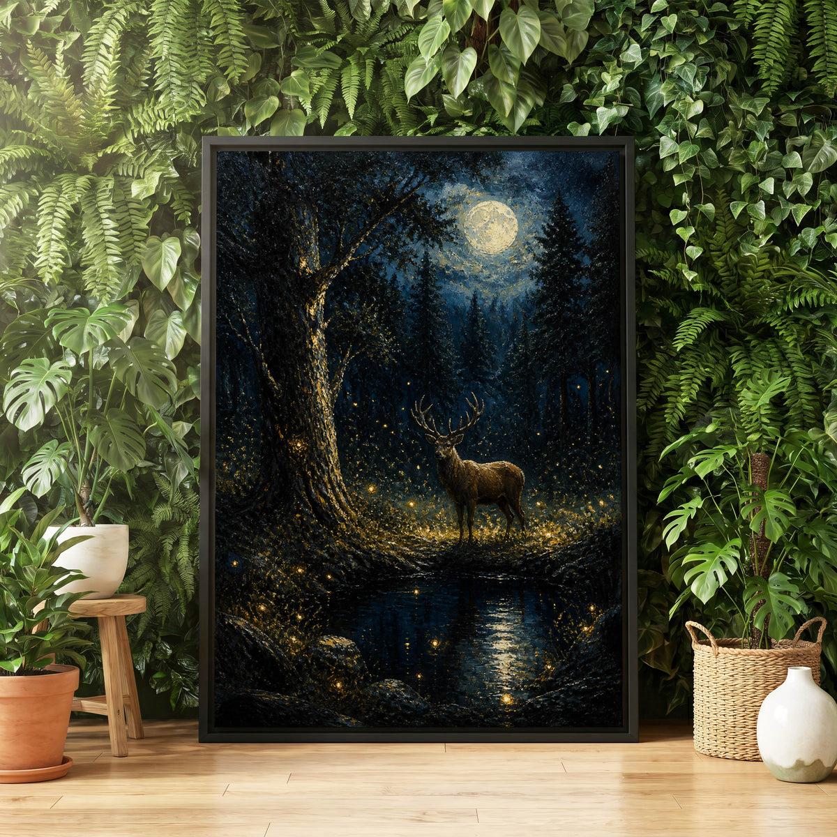 Moonlit Stag, black, blue, gold nature wall art displayed in a styled interior, gallery view 5