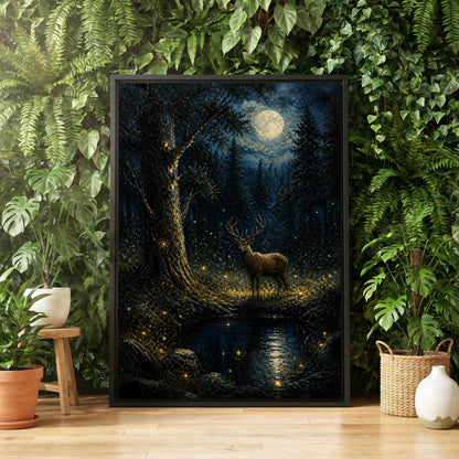 Moonlit Stag, black, blue, gold nature wall art displayed in a styled interior, gallery view 5