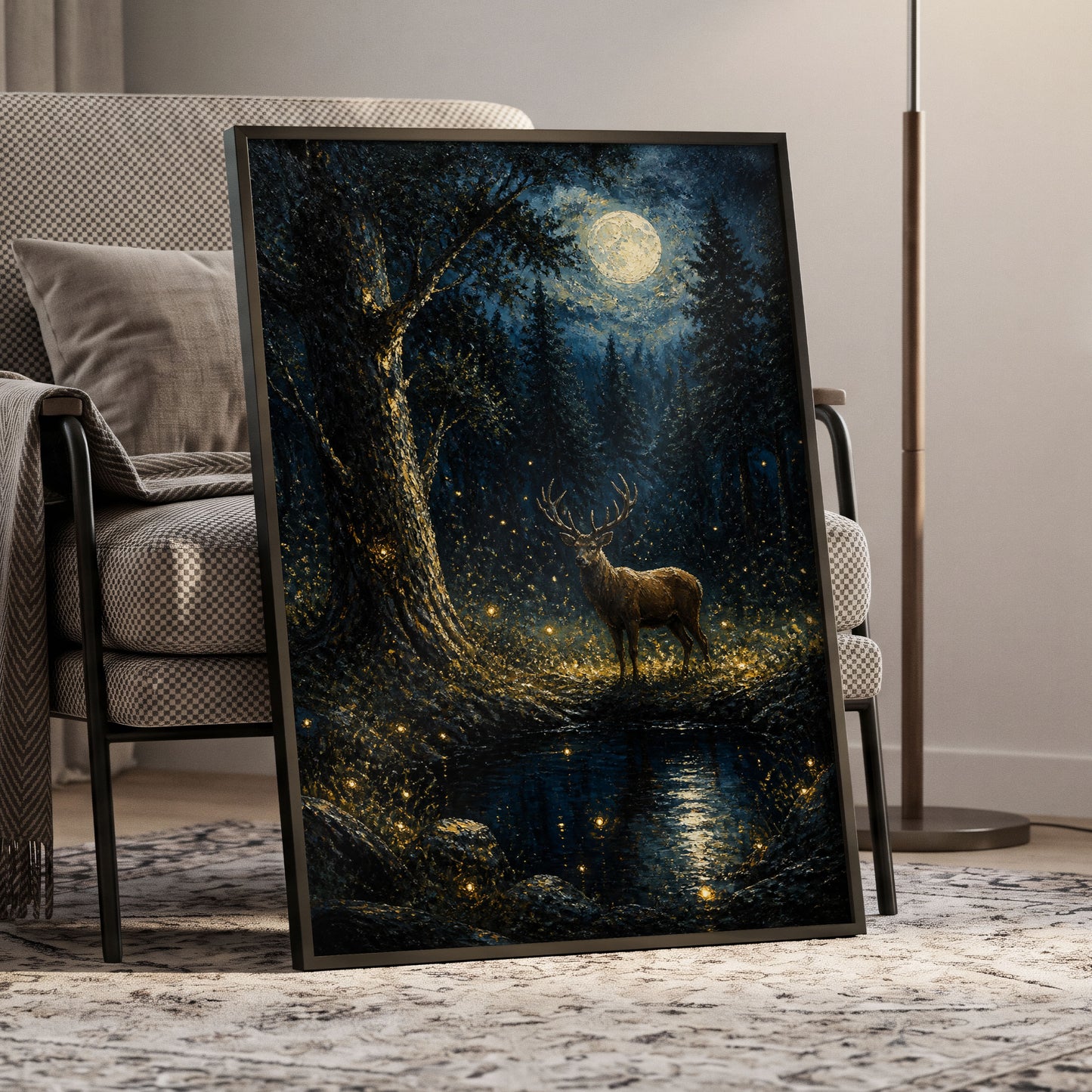Moonlit Stag, black, blue, gold nature wall art displayed in a styled interior, gallery view 6