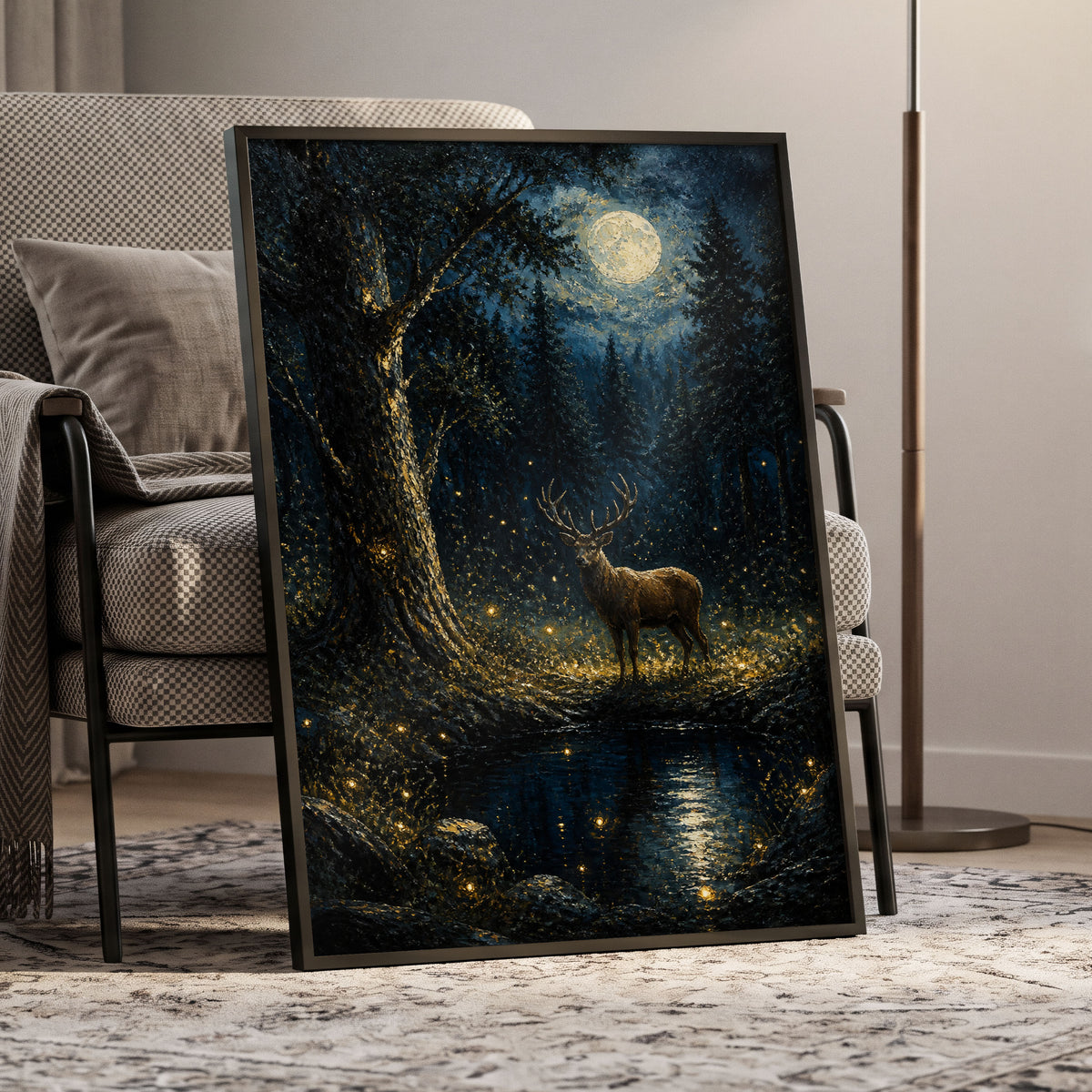 Moonlit Stag, black, blue, gold nature wall art displayed in a styled interior, gallery view 6