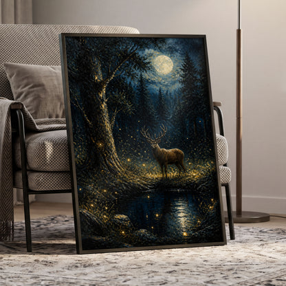 Moonlit Stag, black, blue, gold nature wall art displayed in a styled interior, gallery view 6
