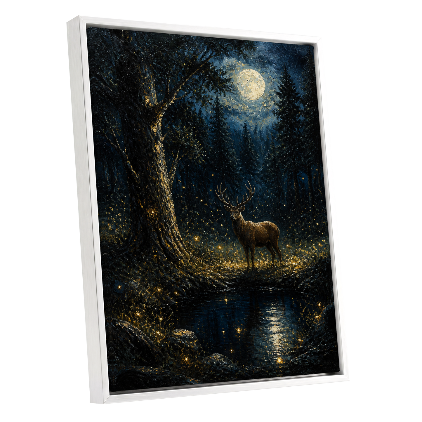 Moonlit Stag, black, blue, gold nature wall art shown as a white framed canvas wall art
