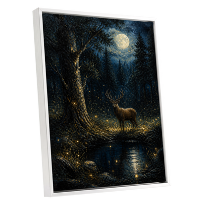 Moonlit Stag, black, blue, gold nature wall art shown as a white framed canvas wall art