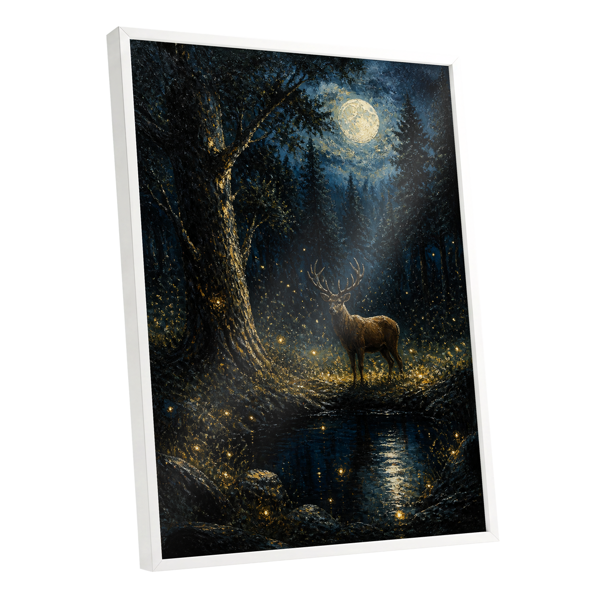 Moonlit Stag, black, blue, gold nature wall art shown as a white framed poster wall art print