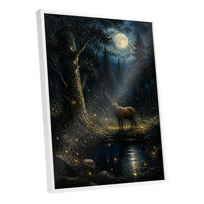 Moonlit Stag, black, blue, gold nature wall art shown as a white framed poster wall art print