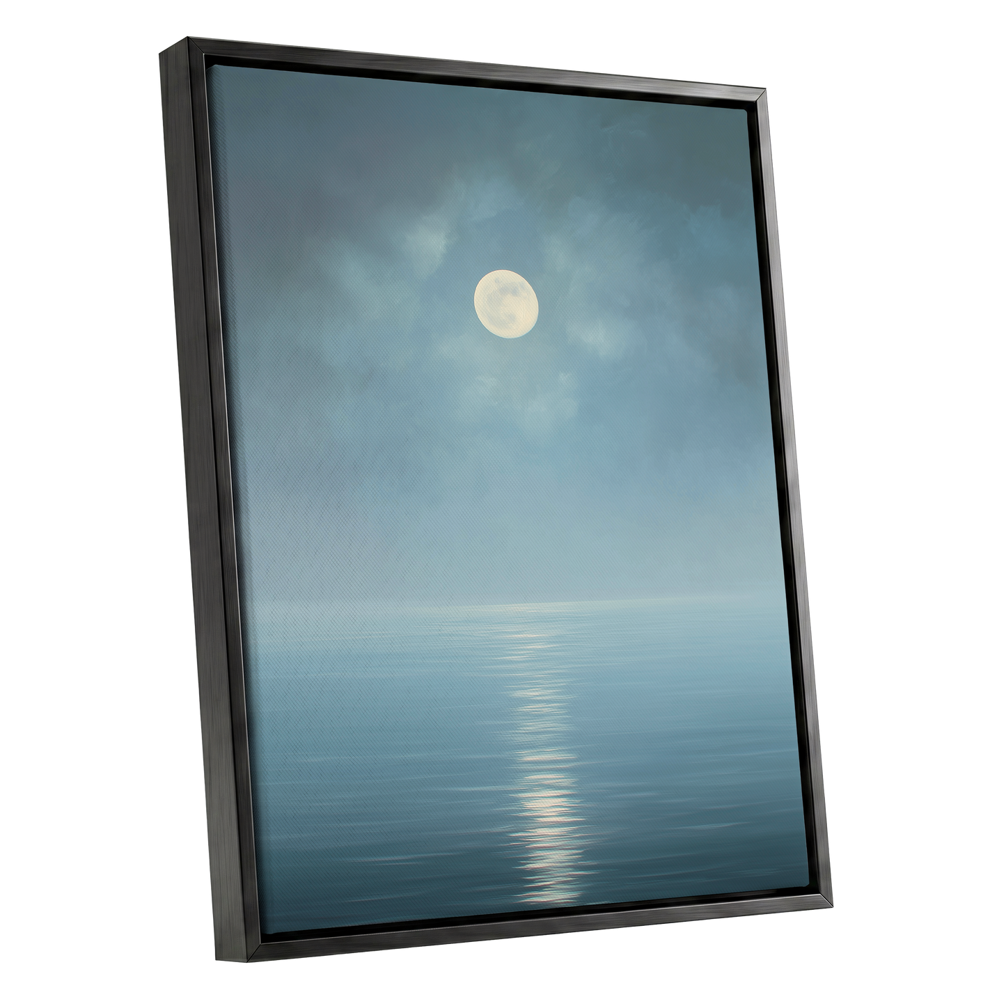 Moonlit Stillness, blue, white, gray nature wall art shown as a black framed canvas wall art