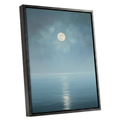 Moonlit Stillness, blue, white, gray nature wall art shown as a black framed canvas wall art