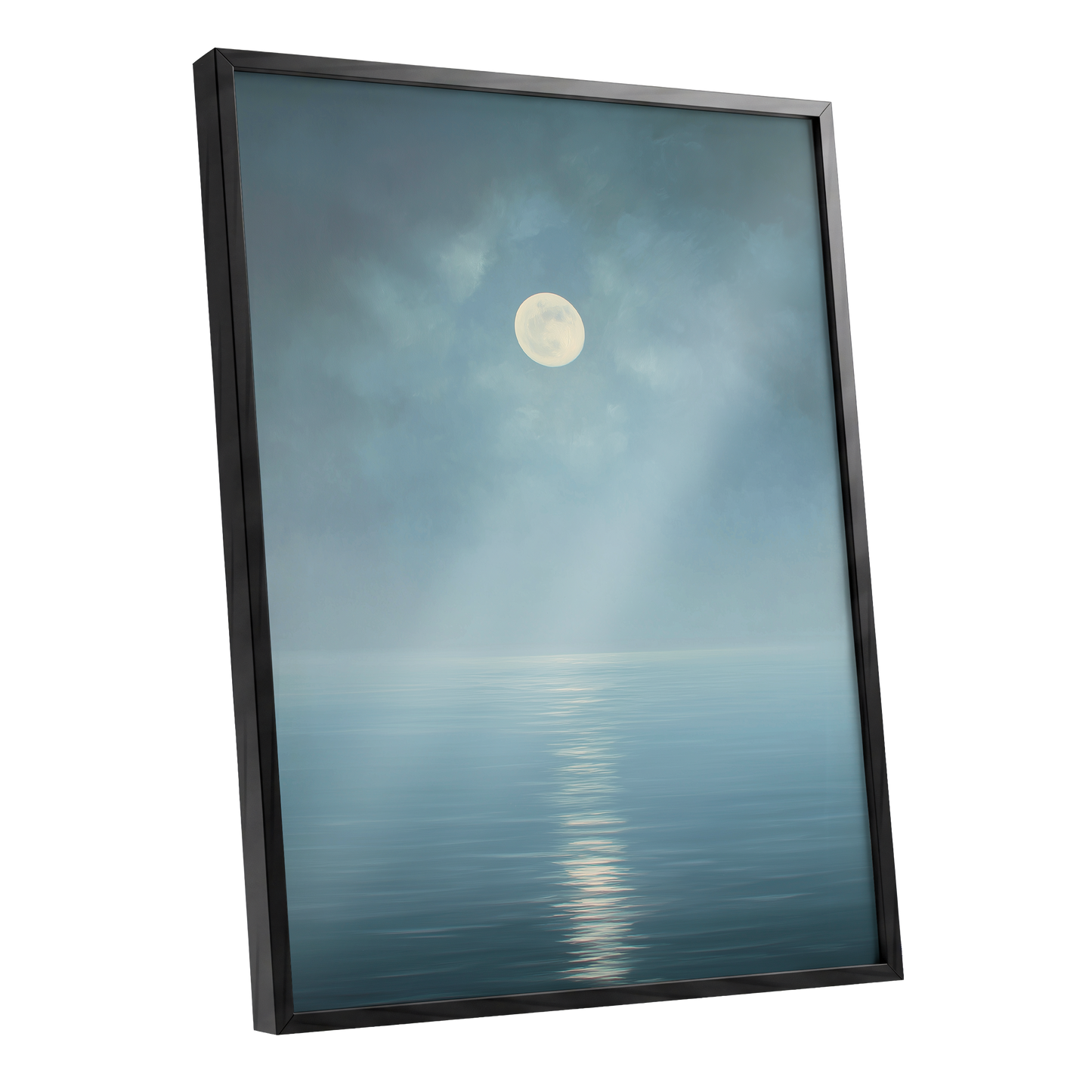 Moonlit Stillness, blue, white, gray nature wall art shown as a black framed poster wall art print
