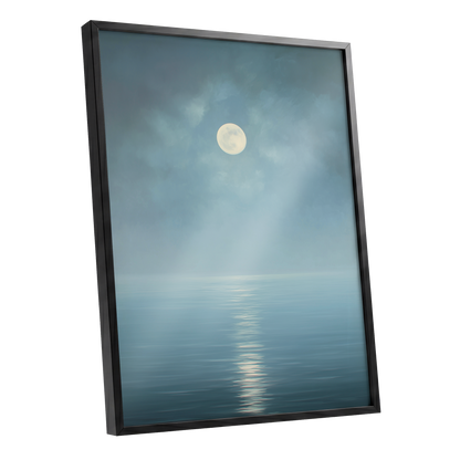 Moonlit Stillness, blue, white, gray nature wall art shown as a black framed poster wall art print