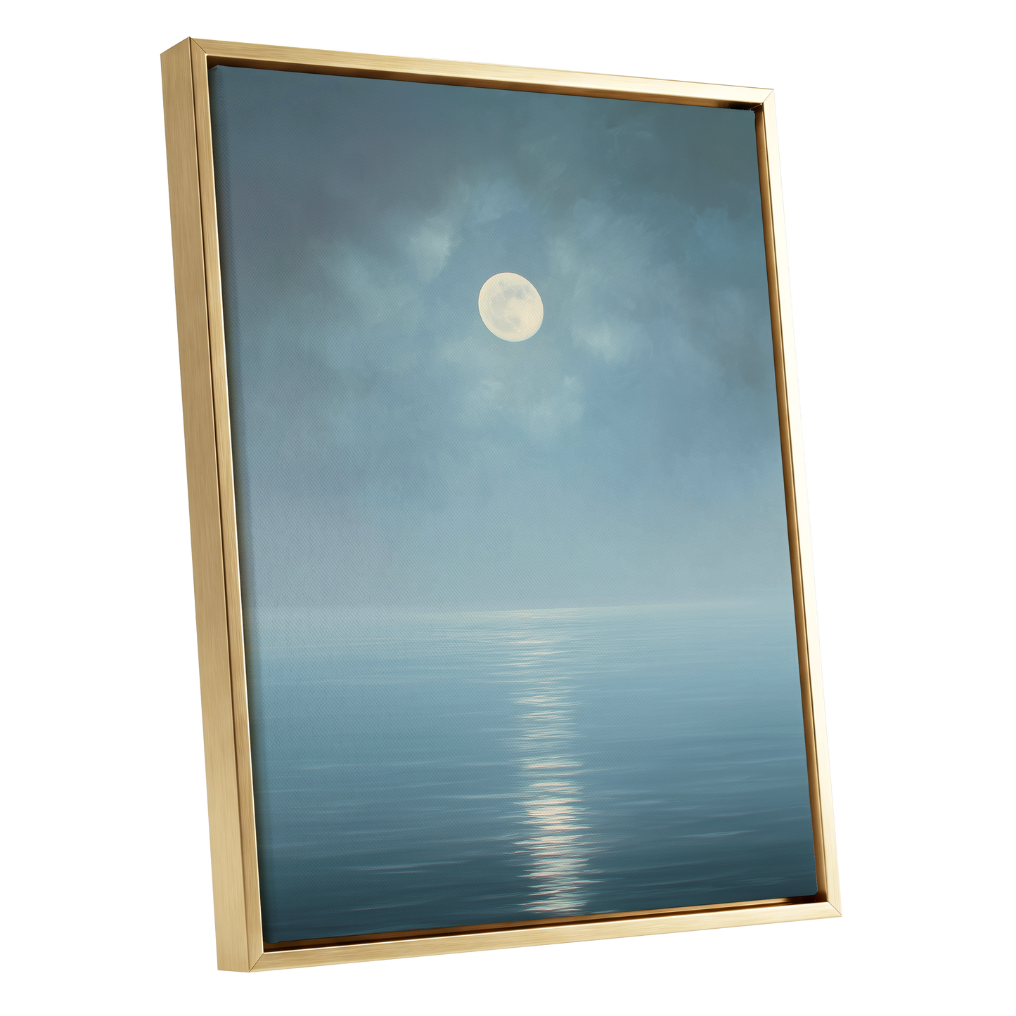 Moonlit Stillness, blue, white, gray nature wall art shown as a gold framed canvas wall art