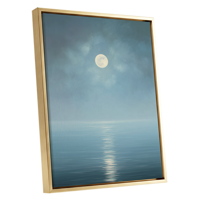 Moonlit Stillness, blue, white, gray nature wall art shown as a gold framed canvas wall art