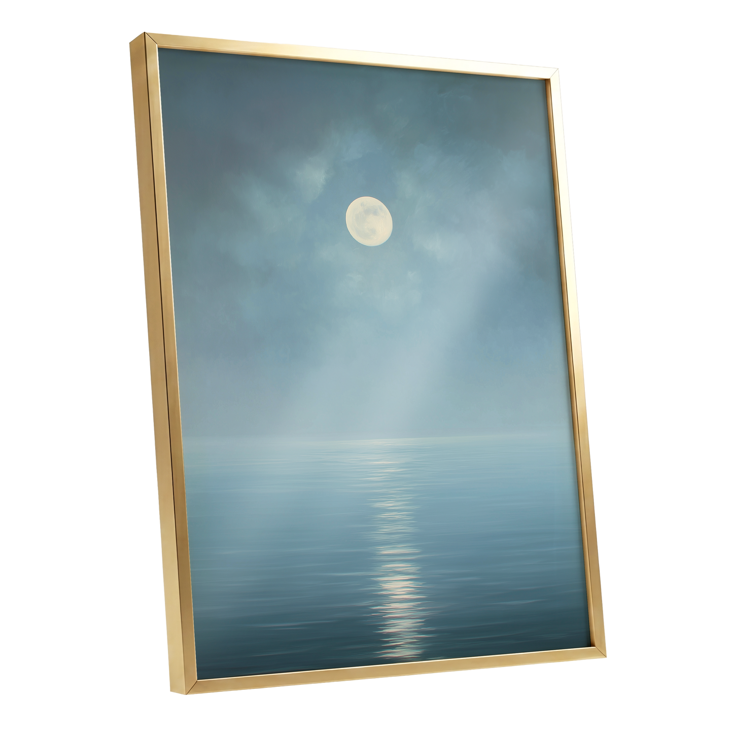 Moonlit Stillness, blue, white, gray nature wall art shown as a gold framed poster wall art print