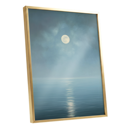 Moonlit Stillness, blue, white, gray nature wall art shown as a gold framed poster wall art print