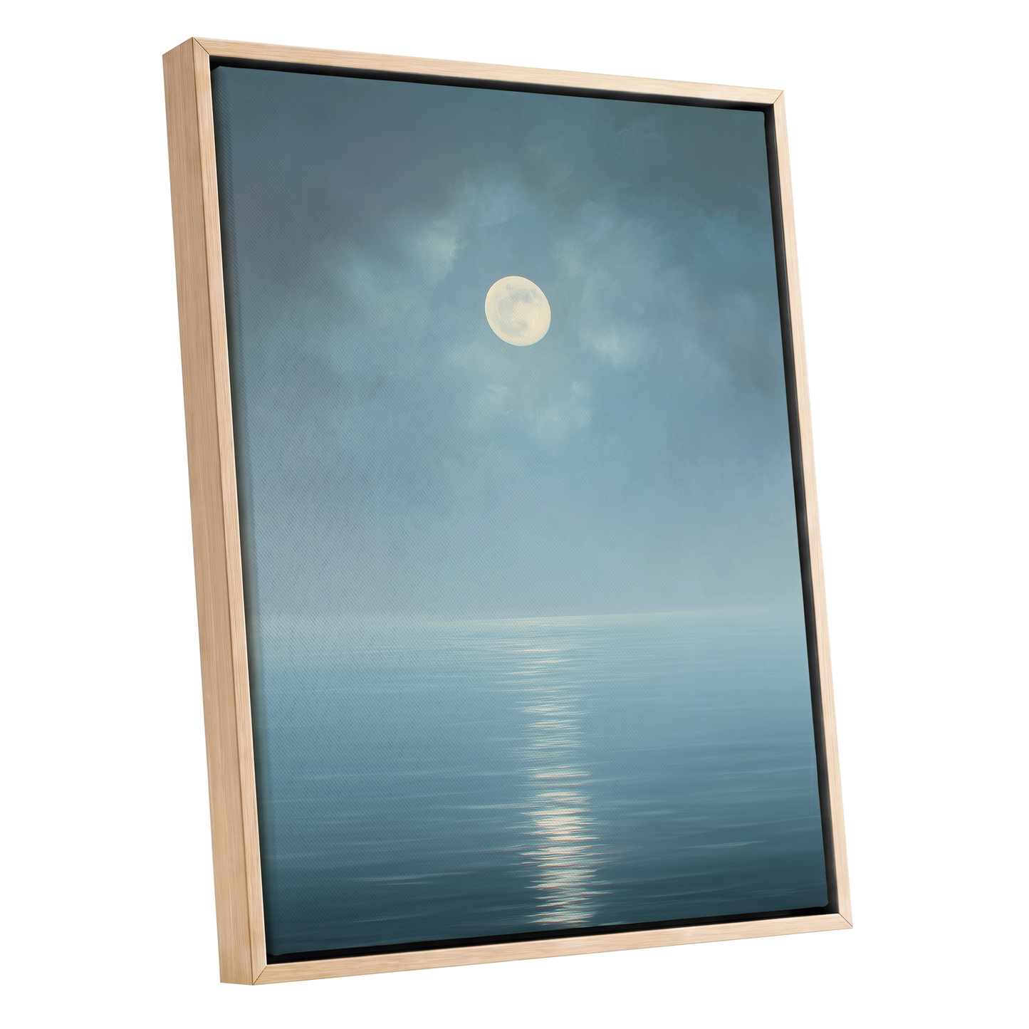 Moonlit Stillness, blue, white, gray nature wall art shown as a oak framed canvas wall art