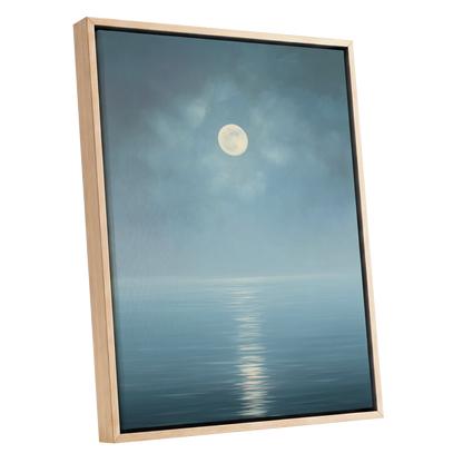 Moonlit Stillness, blue, white, gray nature wall art shown as a oak framed canvas wall art