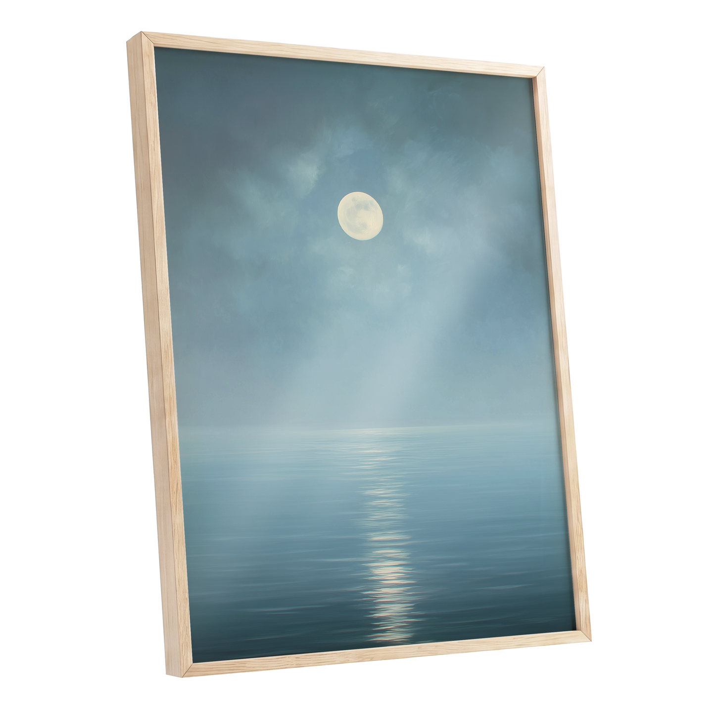 Moonlit Stillness, blue, white, gray nature wall art shown as a oak framed poster wall art print