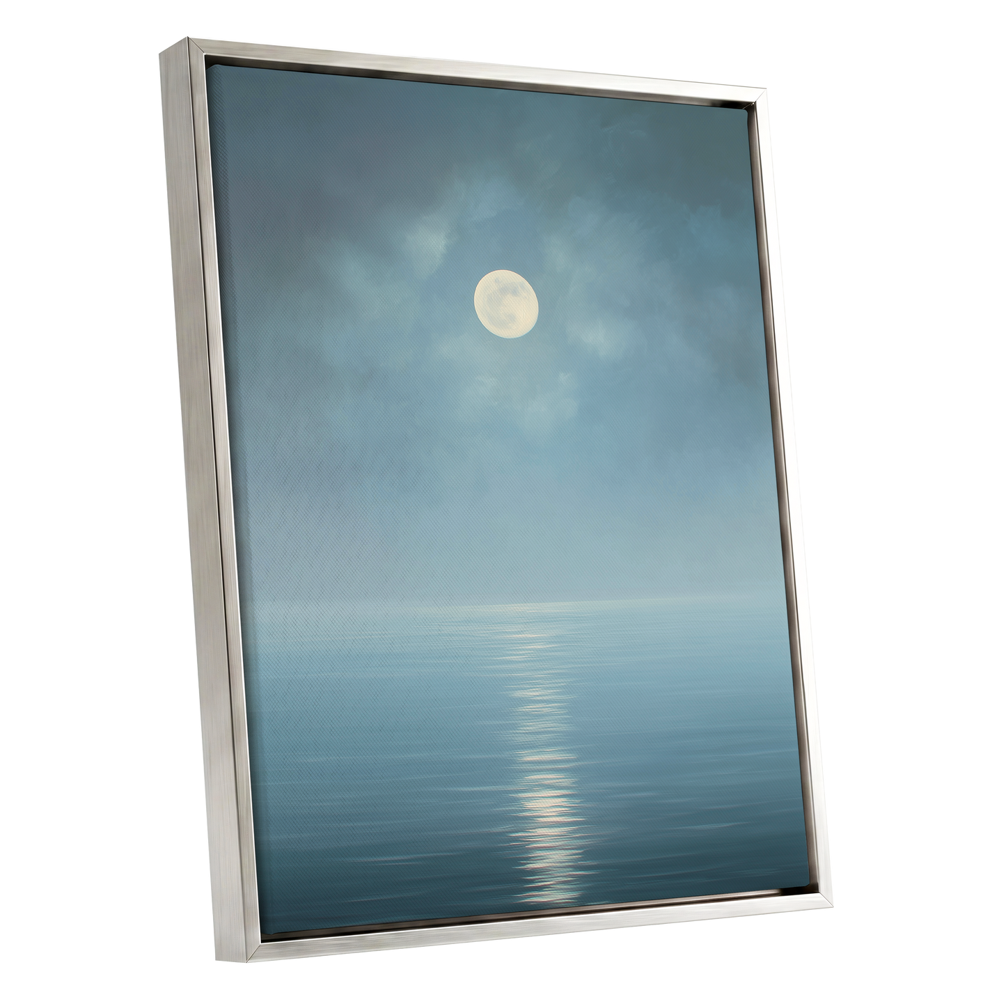 Moonlit Stillness, blue, white, gray nature wall art shown as a silver framed canvas wall art
