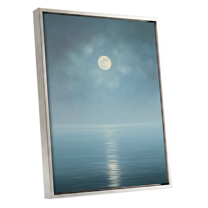 Moonlit Stillness, blue, white, gray nature wall art shown as a silver framed canvas wall art