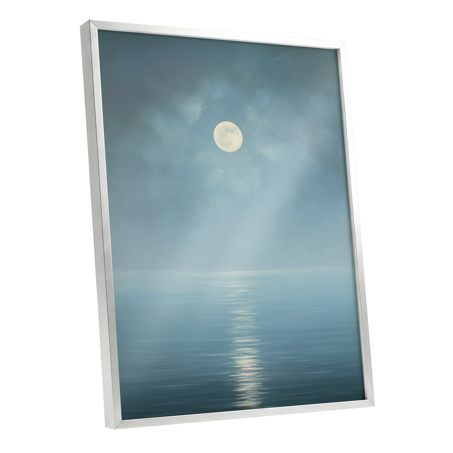 Moonlit Stillness, blue, white, gray nature wall art shown as a silver framed poster wall art print