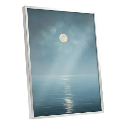 Moonlit Stillness, blue, white, gray nature wall art shown as a silver framed poster wall art print