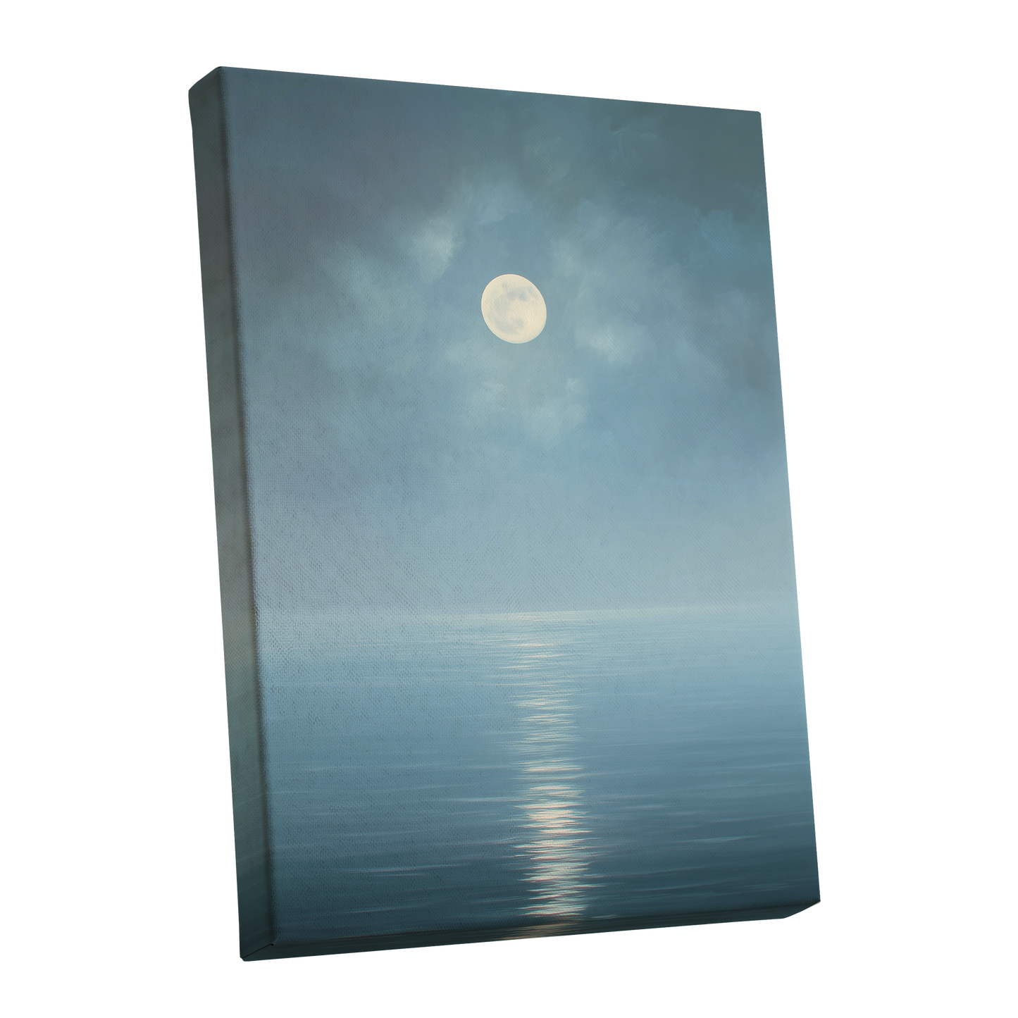 Moonlit Stillness, blue, white, gray nature wall art shown as a stretched canvas wall art