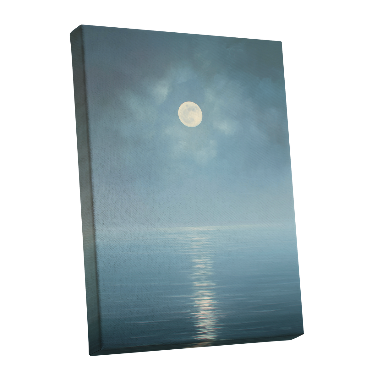 Moonlit Stillness, blue, white, gray nature wall art shown as a stretched canvas wall art