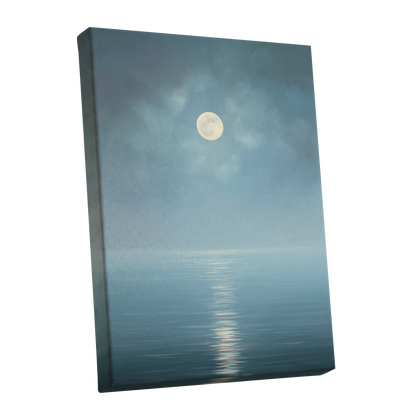 Moonlit Stillness, blue, white, gray nature wall art shown as a stretched canvas wall art
