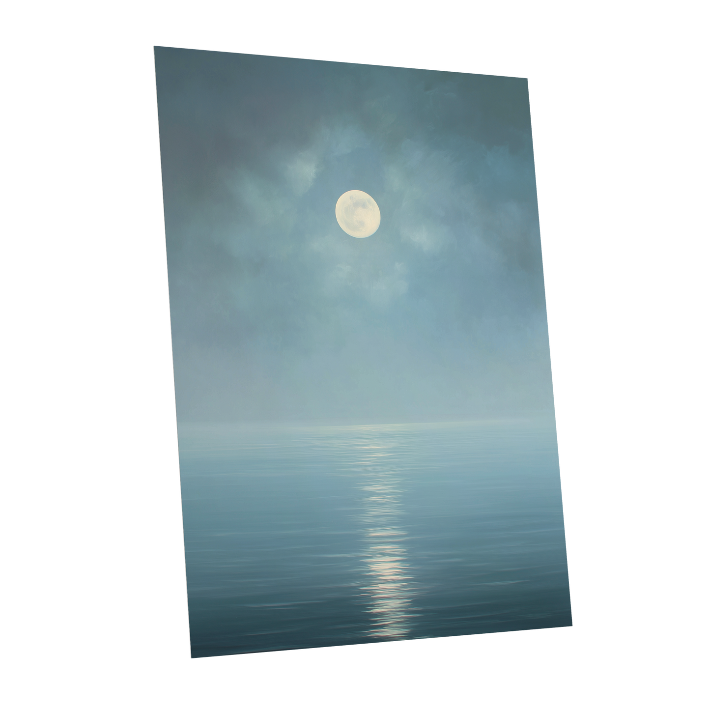 Moonlit Stillness, blue, white, gray nature wall art shown as a unframed poster wall art print