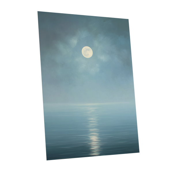 Moonlit Stillness, blue, white, gray nature wall art shown as a unframed poster wall art print