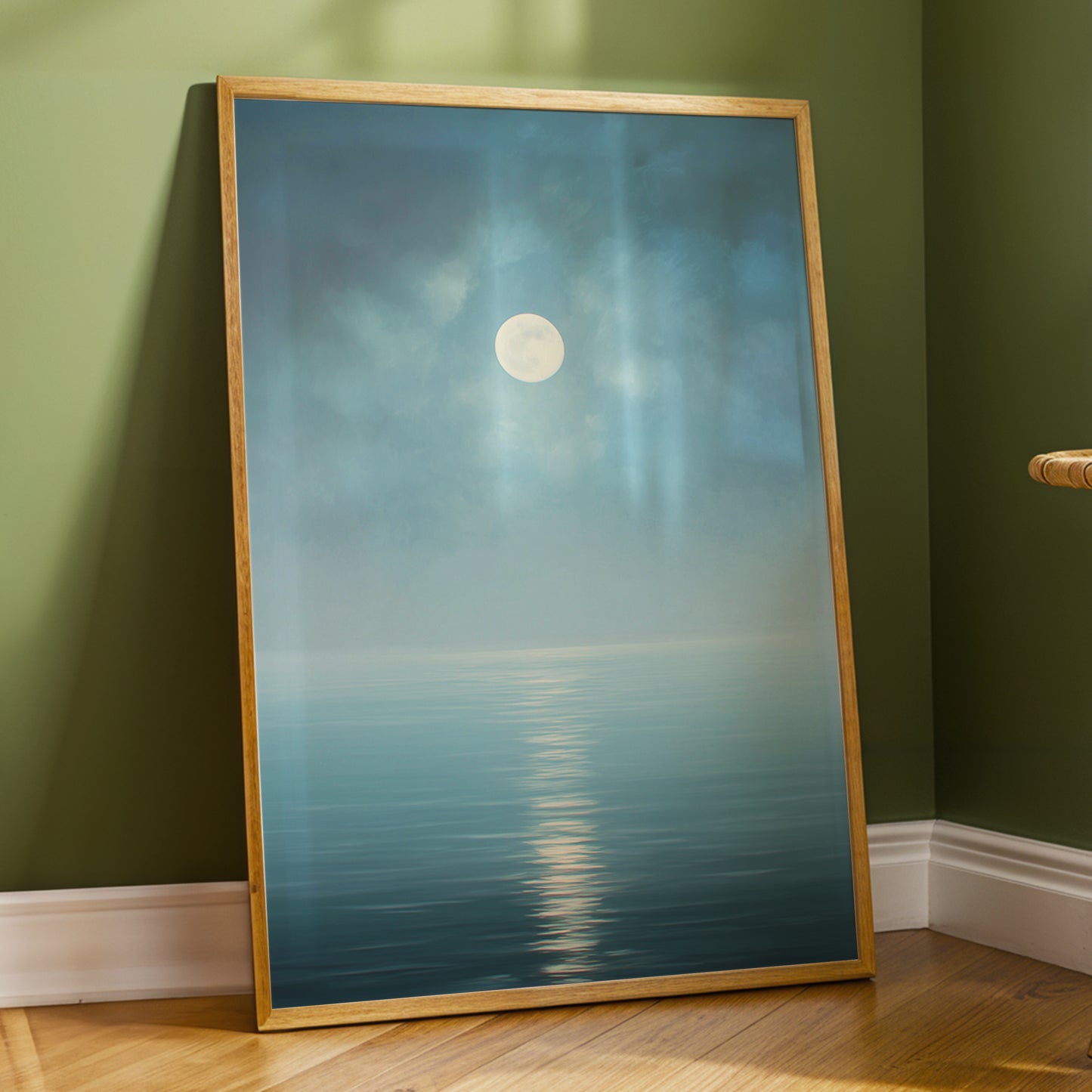 Moonlit Stillness, blue, white, gray nature wall art displayed in a styled interior, gallery view 2