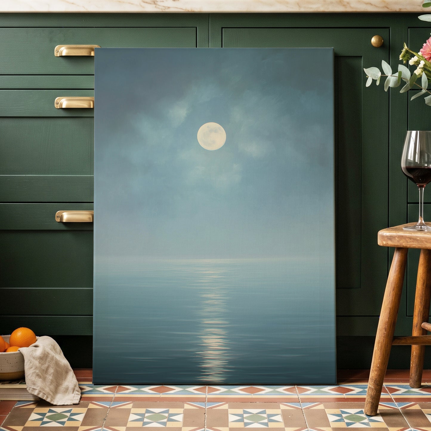 Moonlit Stillness, blue, white, gray nature wall art displayed in a styled interior, gallery view 3