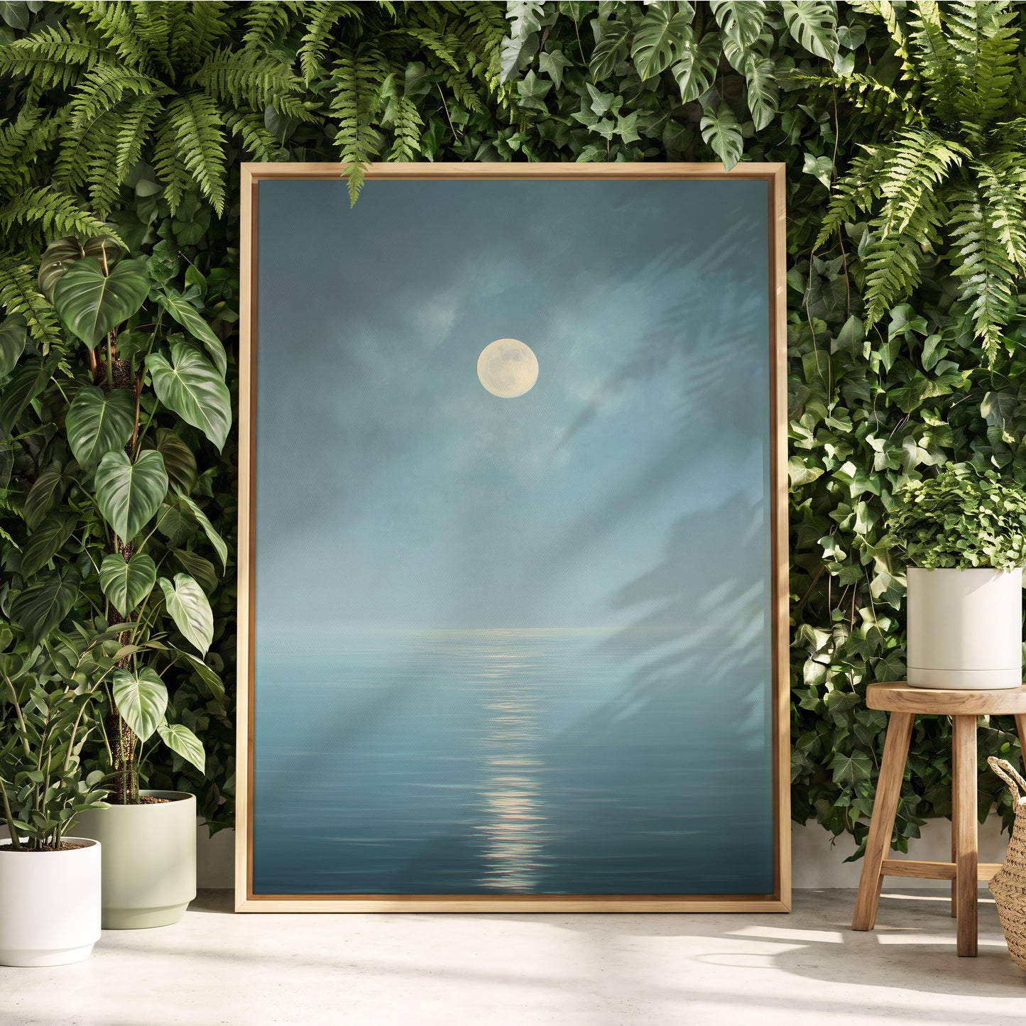 Moonlit Stillness, blue, white, gray nature wall art displayed in a styled interior, gallery view 4