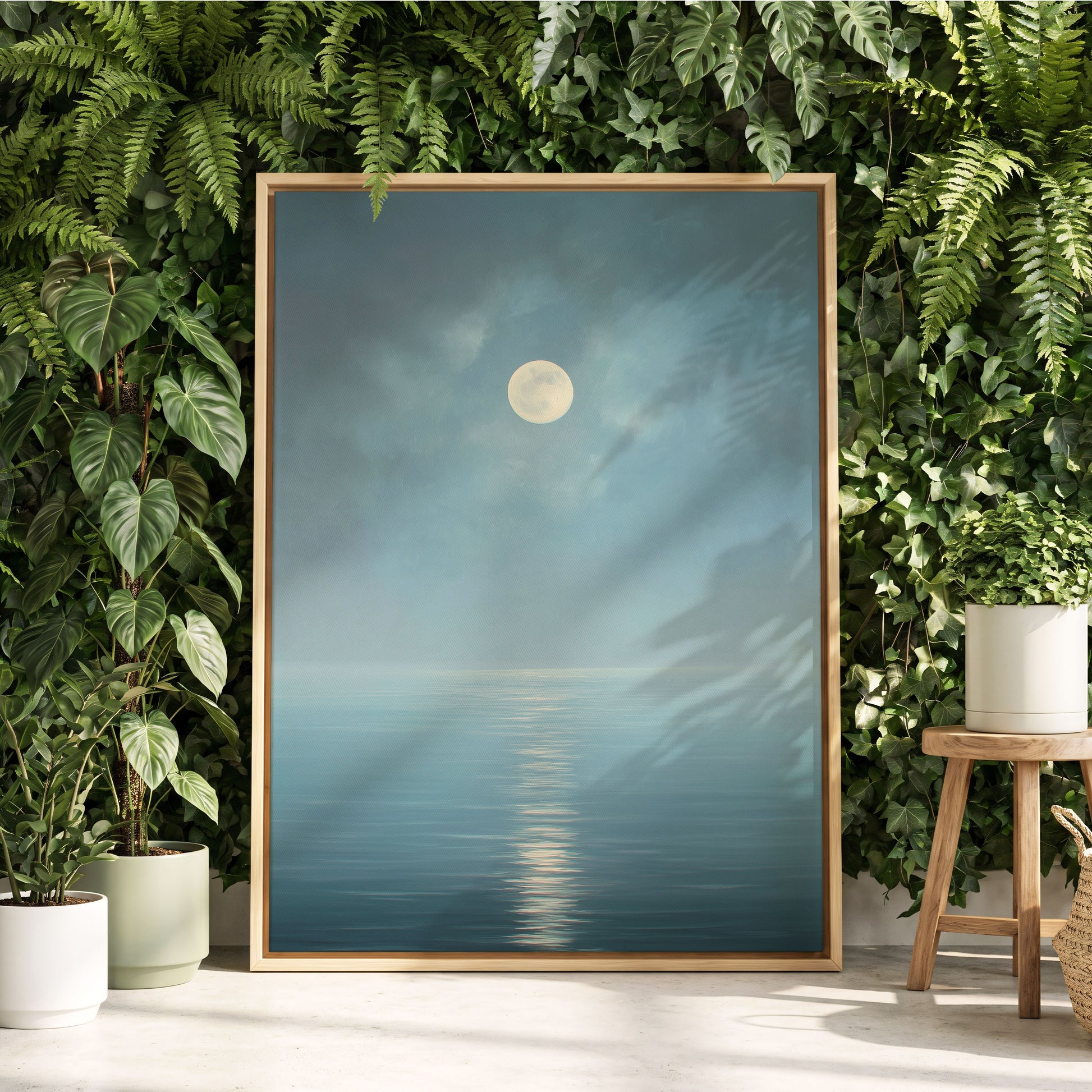 Moonlit Stillness, blue, white, gray nature wall art displayed in a styled interior, gallery view 4