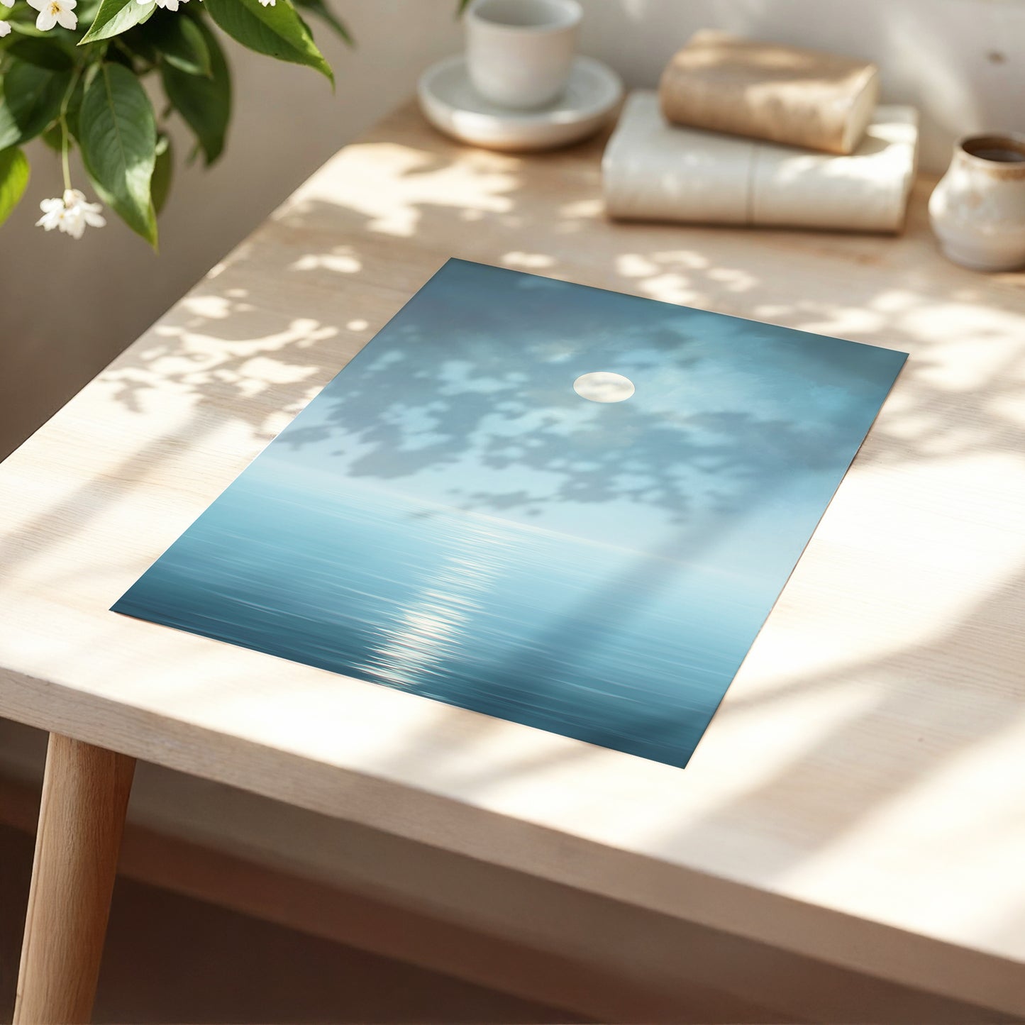 Moonlit Stillness, blue, white, gray nature wall art displayed in a styled interior, gallery view 5