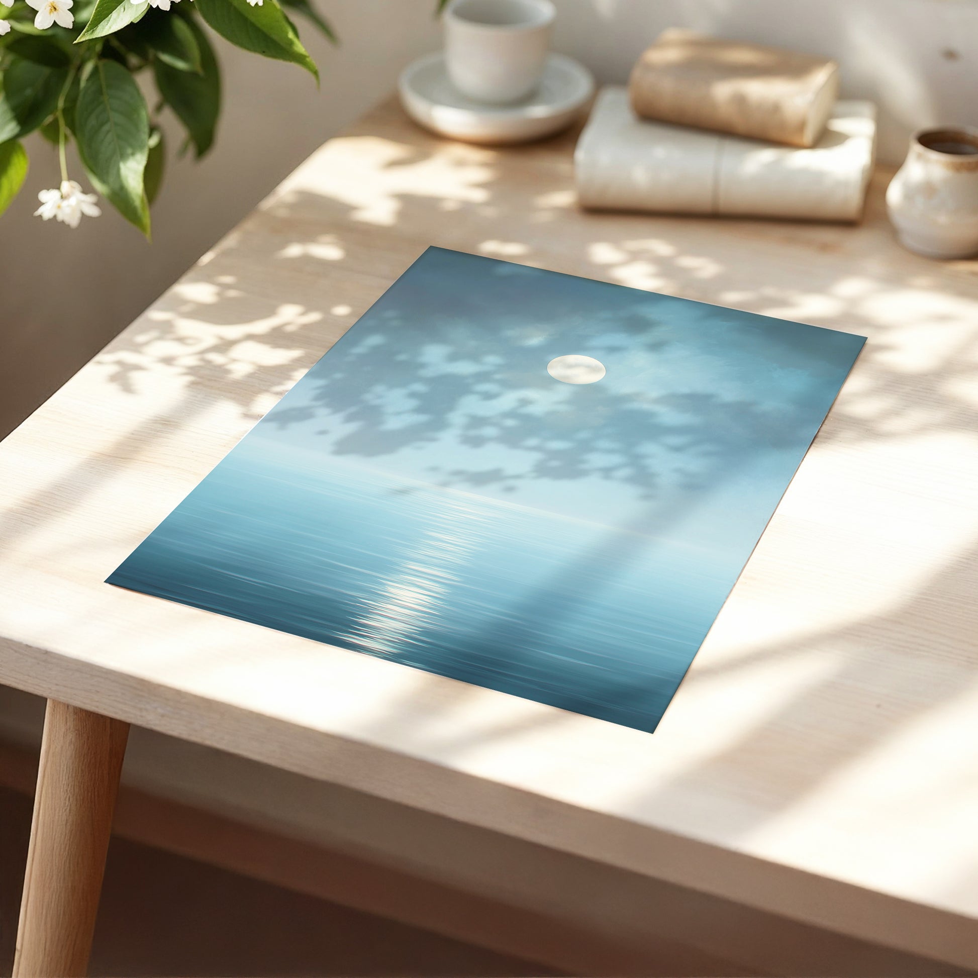 Moonlit Stillness, blue, white, gray nature wall art displayed in a styled interior, gallery view 5