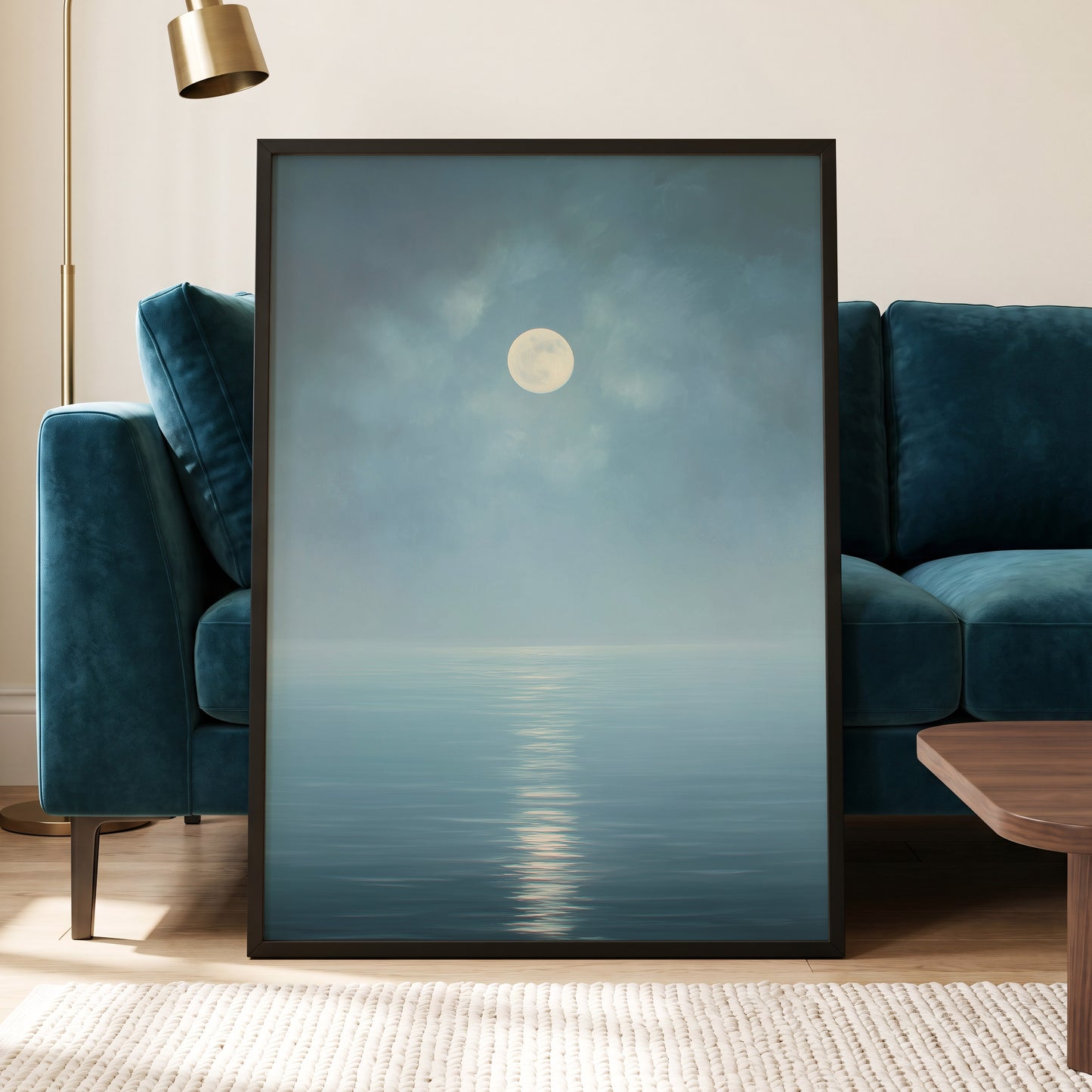 Moonlit Stillness, blue, white, gray nature wall art displayed in a styled interior, gallery view 6
