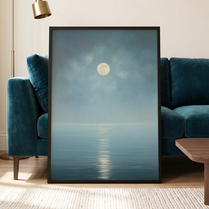 Moonlit Stillness, blue, white, gray nature wall art displayed in a styled interior, gallery view 6