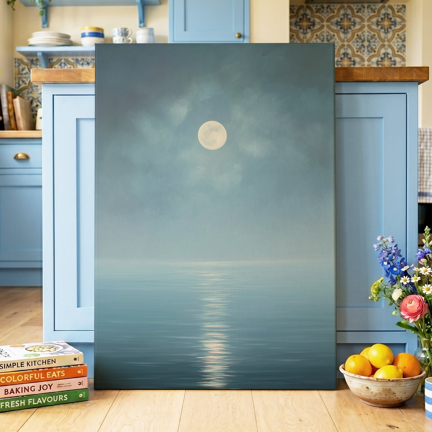 Moonlit Stillness, blue, white, gray nature wall art displayed in a styled interior, gallery view 7