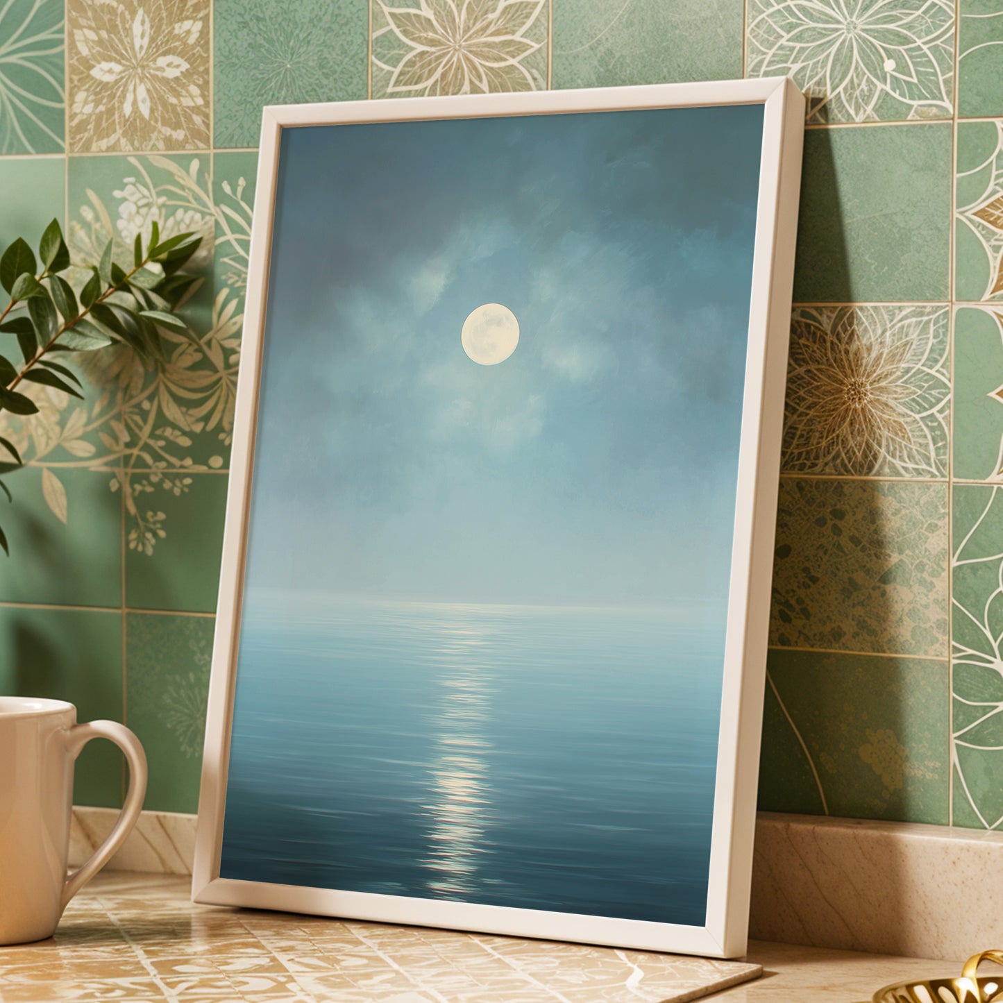 Moonlit Stillness, blue, white, gray nature wall art displayed in a styled interior, gallery view 9