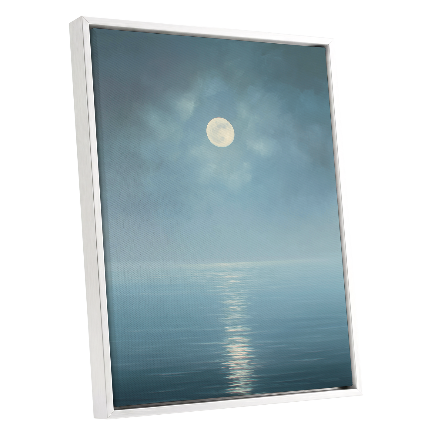 Moonlit Stillness, blue, white, gray nature wall art shown as a white framed canvas wall art