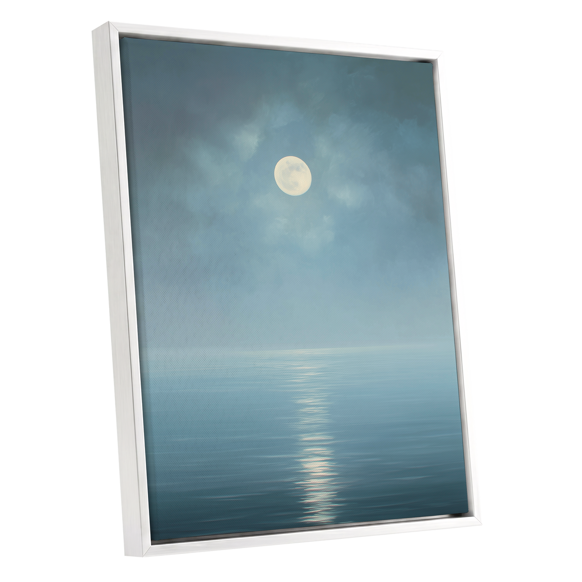 Moonlit Stillness, blue, white, gray nature wall art shown as a white framed canvas wall art