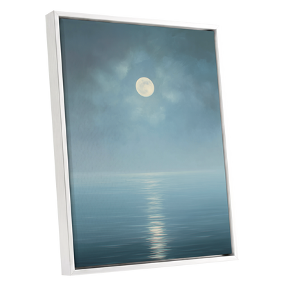 Moonlit Stillness, blue, white, gray nature wall art shown as a white framed canvas wall art