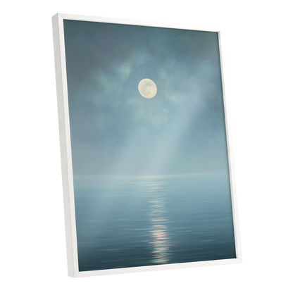 Moonlit Stillness, blue, white, gray nature wall art shown as a white framed poster wall art print