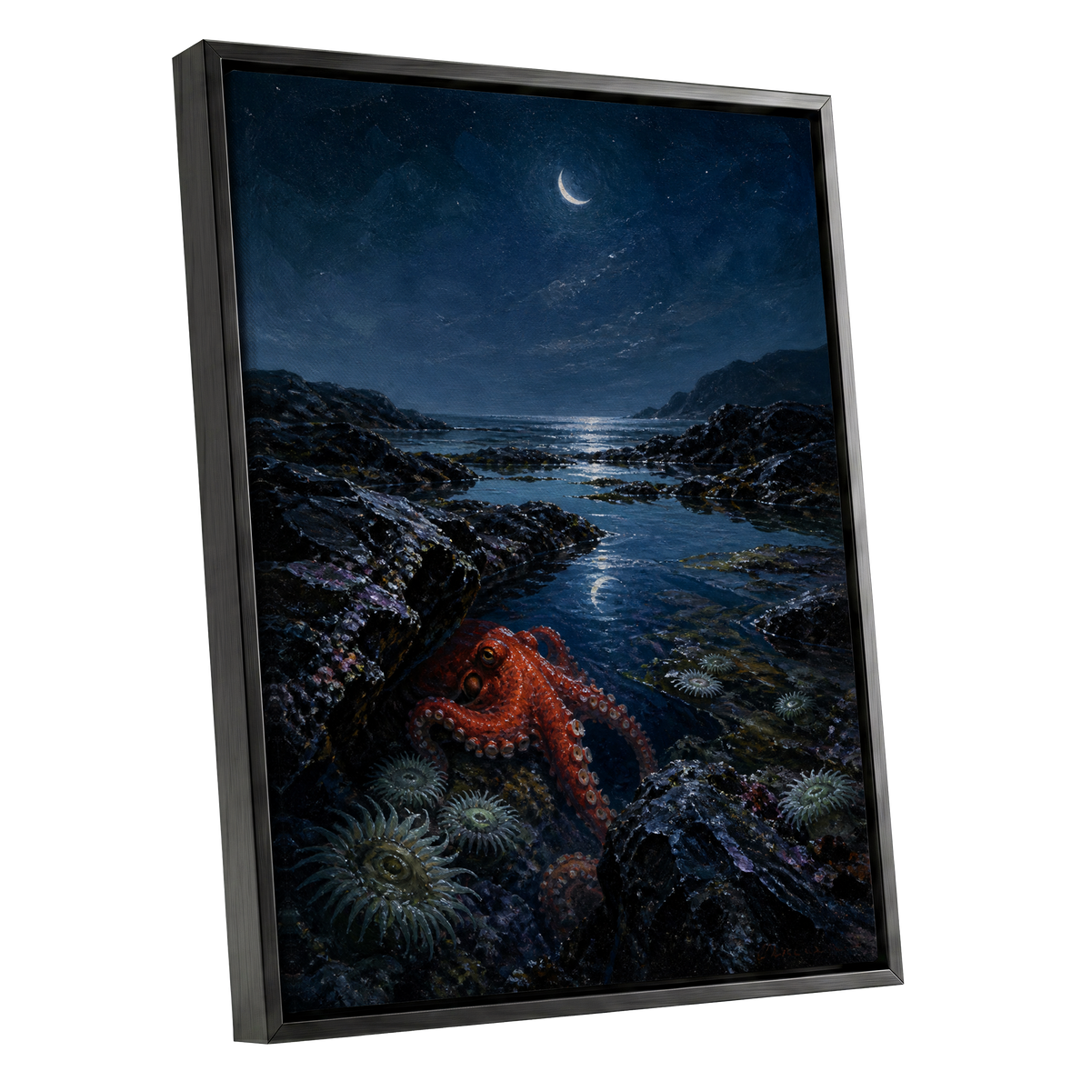 Moonlit Tidepool, blue, black, red nature wall art shown as a black framed canvas wall art