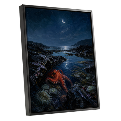 Moonlit Tidepool, blue, black, red nature wall art shown as a black framed canvas wall art
