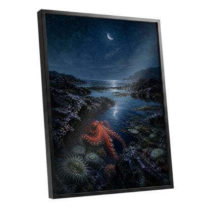 Moonlit Tidepool, blue, black, red nature wall art shown as a black framed poster wall art print