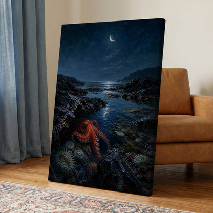 Moonlit Tidepool, blue, black, red nature wall art on canvas displayed in a styled interior, gallery view 1